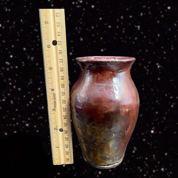 Vintage Raku Studio Art Pottery Vase Iridescent Glaze Hand Made Vessel Signed 5” - Picture 7 of 16